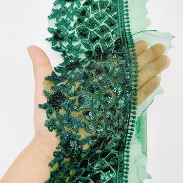 Green Net Lace Trim with Floral Embroidery And Sequins, Sari Border, Embroidered Trim